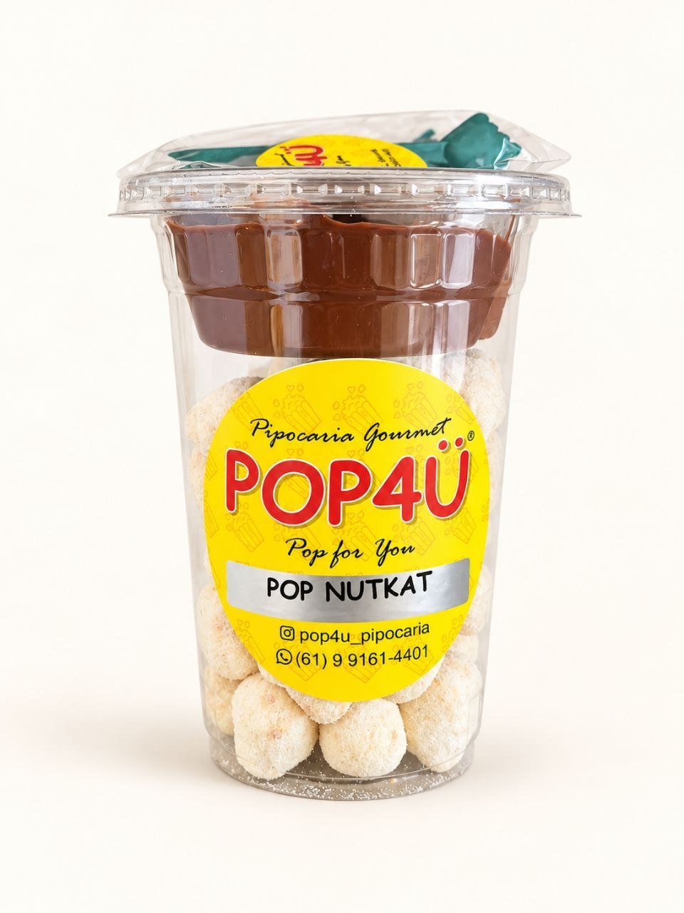 Copo POP NutKat da POP4Ü Pipocaria Gourmet, com pipoca POP Ninho, creme de avelã Nutella e creme de KitKat.